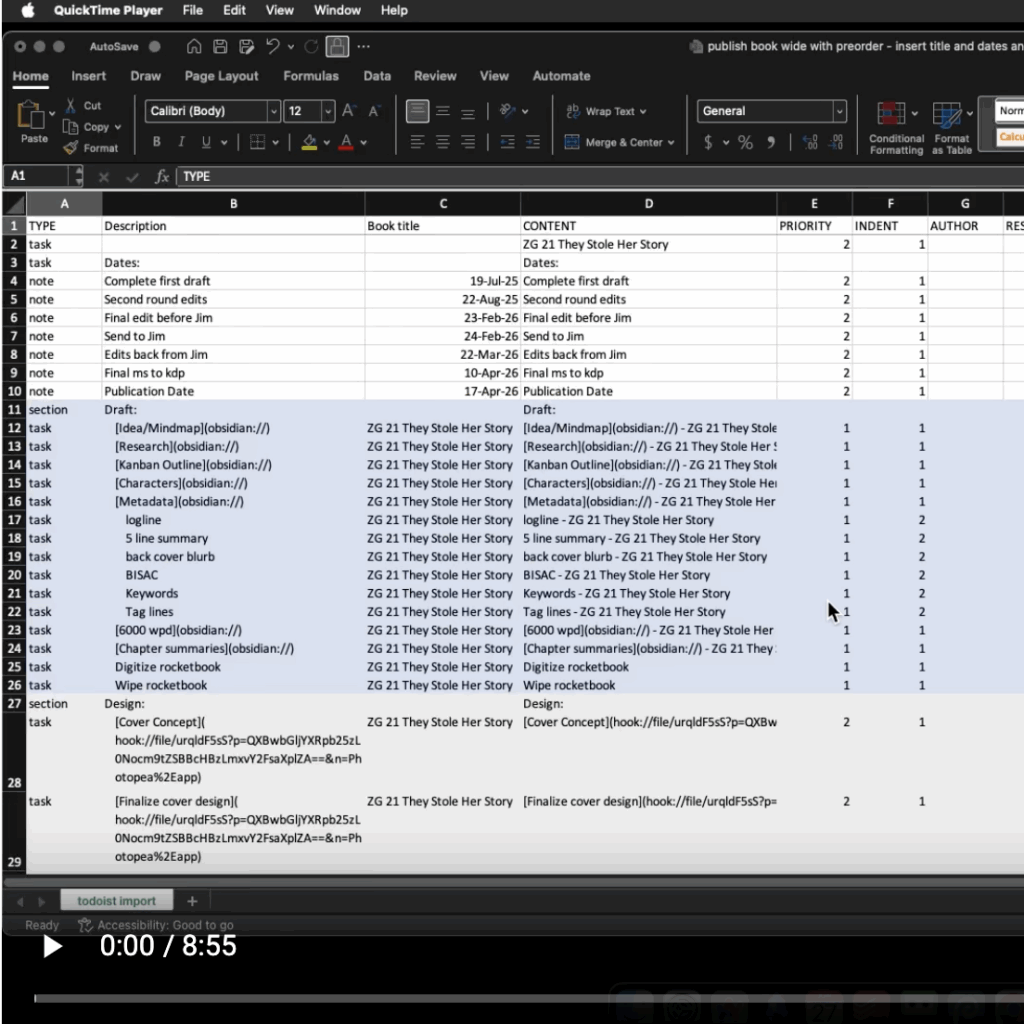 excel spreadsheet to be imported into todoist mystery novel writing template